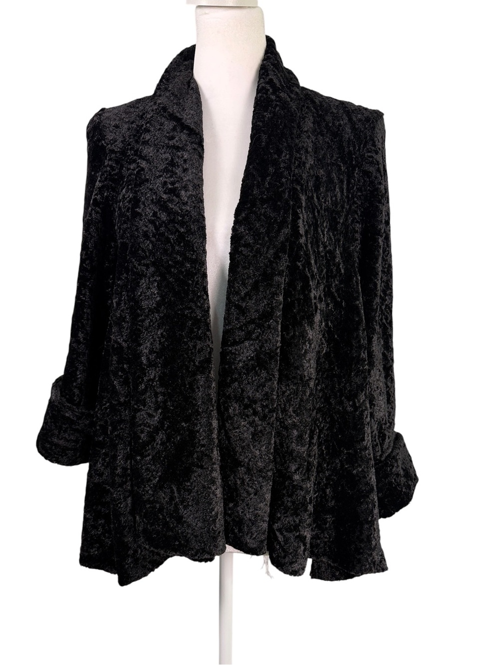 Connected Apparel Black Crushed Velvet Open Front Jacket M Soft Duster Jacket - Picture 2 of 11